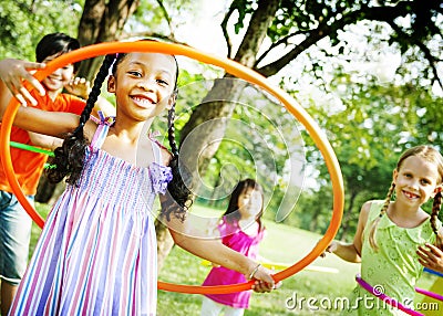 Children Playing Hoop Cheerful Exercise Concept Stock Photo