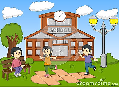 Children playing hopscotch on the school cartoon vector illustration Vector Illustration