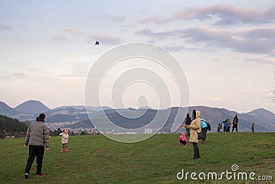 Children playing with kite on meadow. Editorial Stock Photo