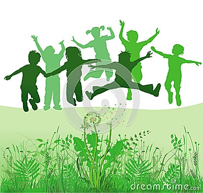 Children playing in meadow Vector Illustration