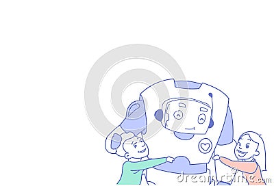 Children playing modern robot people communication futuristic artificial intelligence technology concept sketch doodle Vector Illustration