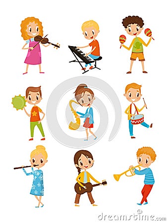 Children playing music instrument, talented little musician characters cartoon vector Illustrations on a white Vector Illustration