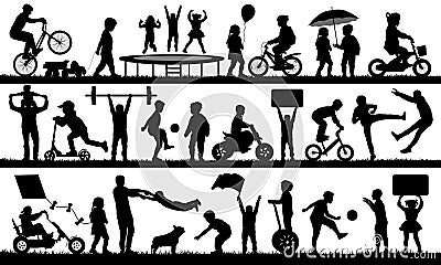 Children playing outdoor silhouette Vector Illustration