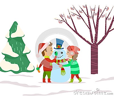 Children Playing Outdoors Sculpting Snowman Vector Vector Illustration