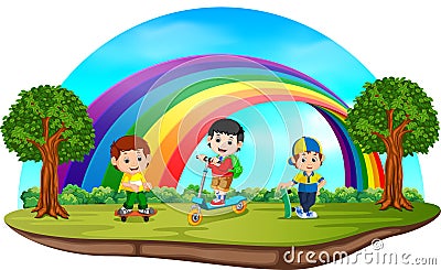 Children playing in the park on rainbow day Vector Illustration