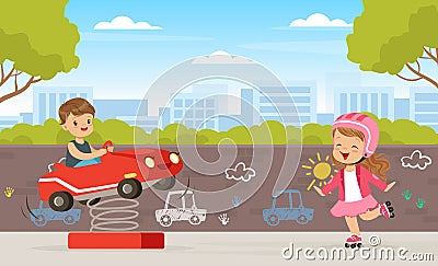 Children Playing on Playground in City Park Roller Skating and on Carousel Vector Illustration Vector Illustration