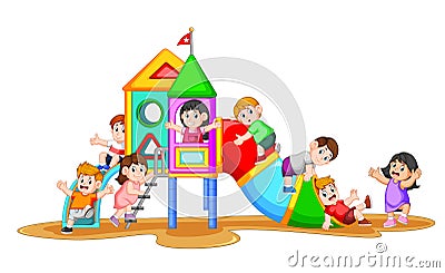 The children playing in the playground with their friend with the happy faces Vector Illustration