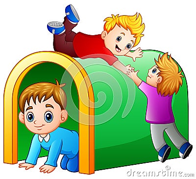 Children playing playground tunnel Vector Illustration