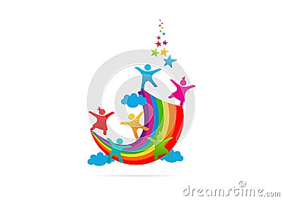 Children playing on the rainbow imagination vector logo design Vector Illustration