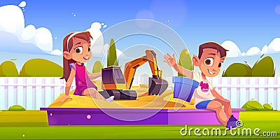 Children playing in sand box, kids sit in sandbox Vector Illustration