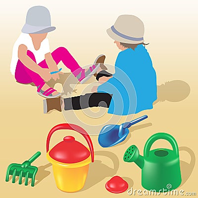 Children playing on a sand Vector Illustration