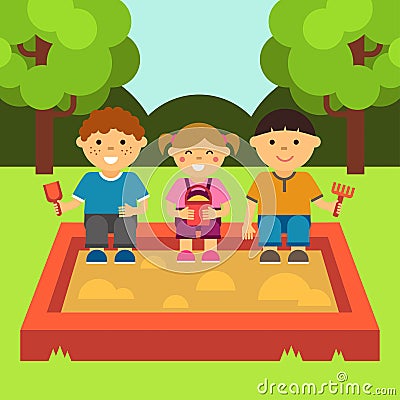 Children playing in the sandbox. Children`s playground. Baby-themed flat stock illustration with isolated elements. Vector Illustration