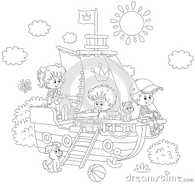 Children playing on a ship Vector Illustration