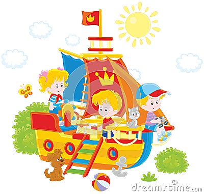 Children playing on a ship Vector Illustration