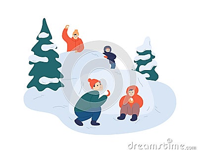 Children playing snowballs vector illustration. Cheerful friends enjoying snowball fight. Cartoon boys and girs hiding Vector Illustration