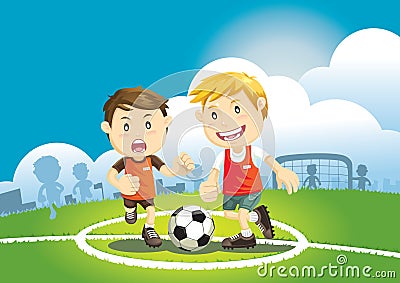 Children playing soccer outdoors. Vector Illustration