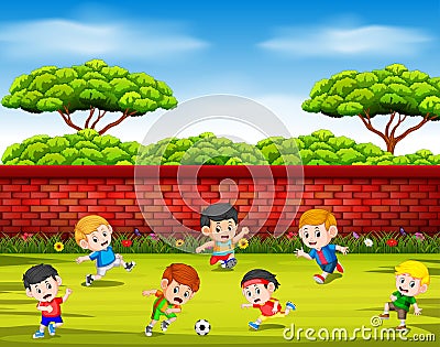 The children playing soccer with their team together in the yard Vector Illustration