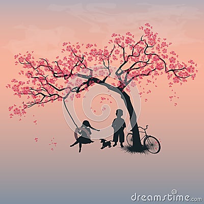 Children playing on a tire swing Vector Illustration