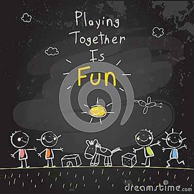 Children playing together with toys, teamwork. Vector Illustration