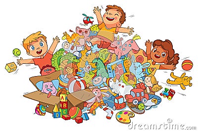 Children playing with toys. Girl and a boy have fun jumping in a heap of various toys Vector Illustration