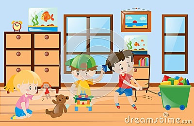 Children playing toys inside the room Vector Illustration