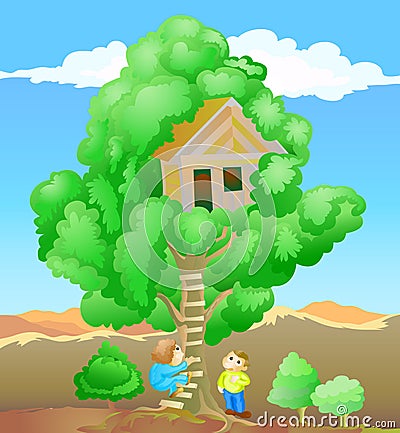 Children playing tree house Vector Illustration