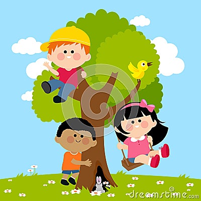 Children playing on a tree. Vector illustration Vector Illustration