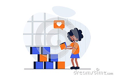 Children playing web concept with character scene. Cute little girl builds cubes and plays with toys at home. People situation in Vector Illustration