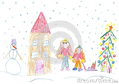 Children playing in winter, sleigh ride Stock Photo