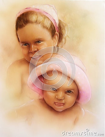 Children portrait, two sweet adorable children, colorful paintin Stock Photo