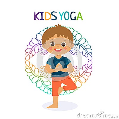 Children Practicing Yoga. Flat Kid Yoga Logo On White Background. Vector Illustration