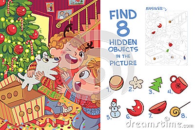 Children presented puppy for Christmas. Find 8 hidden objects in the picture Vector Illustration