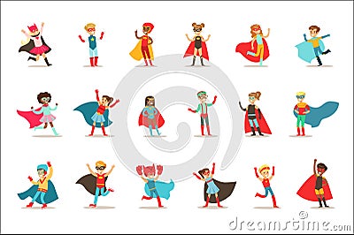 Children Pretending To Have Super Powers Dressed In Superhero Costumes With Capes And Masks Set Of Smiling Characters Vector Illustration