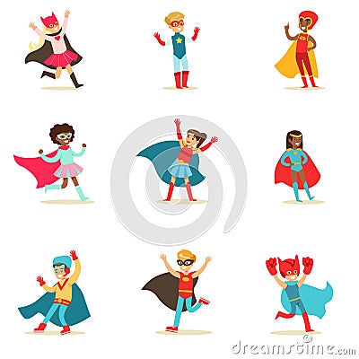 Children Pretending To Have Super Powers Dressed In Superhero Costumes With Capes And Masks Set Of Smiling Characters Vector Illustration