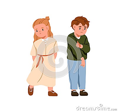 Children quarrel, conflict. Offended sad boy and girl feeling guilty. Upset kids friends, brother and sister in negative Cartoon Illustration