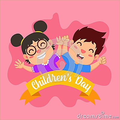Children raised their hands with a happy expression Cartoon Illustration