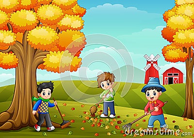 Children raking leaves in the farm yard during fall season Vector Illustration