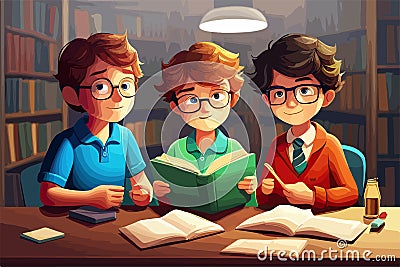 Children read in library vector illustration. Kids study in atheneum. Clever Vector Illustration