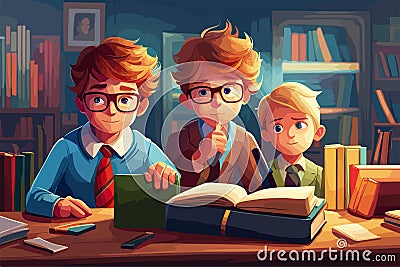 Children read in library vector illustration. Kids study in atheneum. Clever Vector Illustration