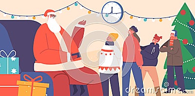 Children Read Poems to Santa Claus at Decorated Christmas Tree. Little Girls and Boys Characters Stand in Queue Vector Illustration