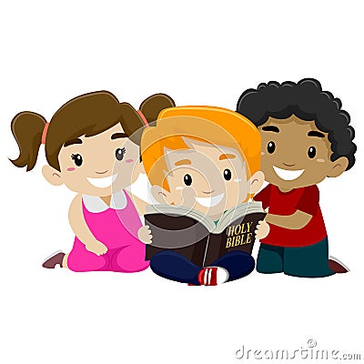 Children Reading Bible Vector Illustration