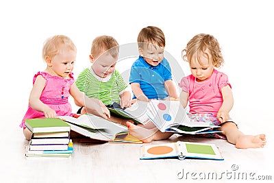 Children Reading Books, Babies Early Education, Kids Group, White Stock Photo