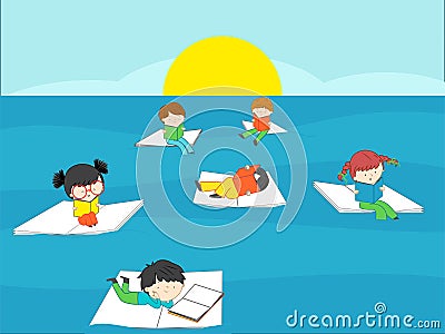 Children reading books in the blue sea on summer vacation Vector Illustration