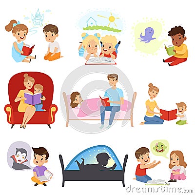 Children reading books and dreaming, parents reading bedtime stories for their kids, imagination and fantasy concept Vector Illustration