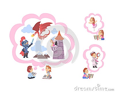 Children Reading Fairy Tale and Fantasy Book about Knight Fighting Dragon and Ballet Dancing Vector Set Vector Illustration