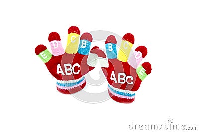 Children red glove with word ABCDEFGIJ Stock Photo