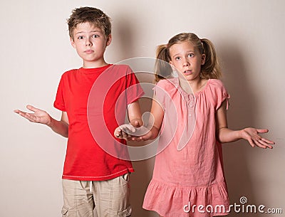Children rejecting the responsibility denying mistake with not m Stock Photo