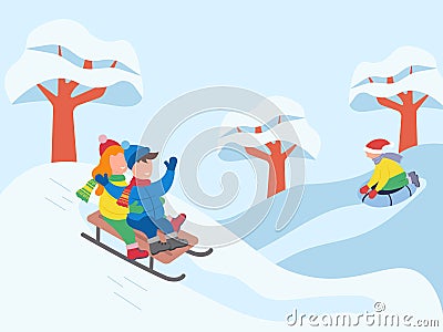 Children ride a tube and sled. Children slide on the snow in winter. Active winter holidays. Characters in warm clothes Vector Illustration