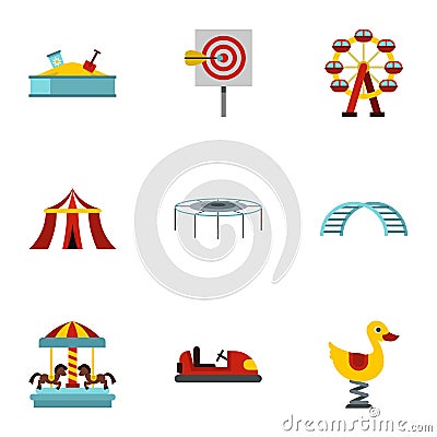 Children rides icons set, flat style Vector Illustration