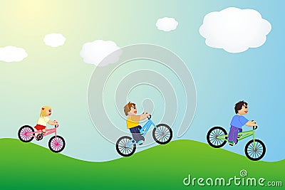 Children riding a bike two boys a girl in the sun Vector Illustration